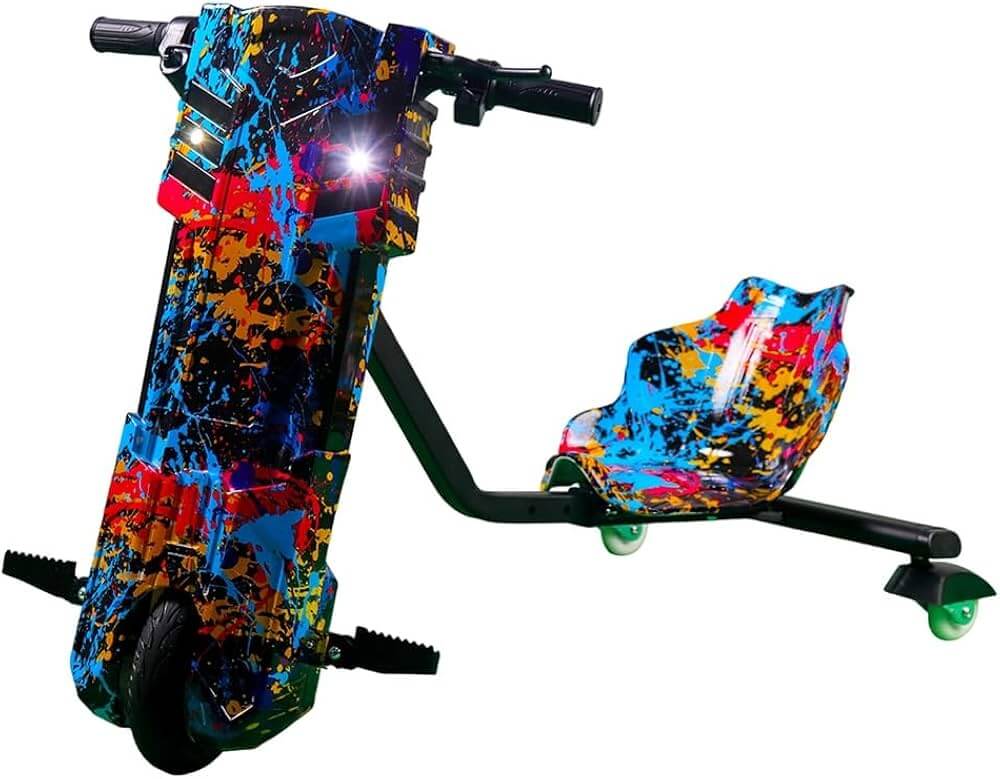 Kids 3-Wheel 360 Electric Drift Scooter by TOYSNRIDES with Bluetooth, LED wheel lights, shock absorbers, and adjustable length. Perfect for outdoor fun and drifting adventures!