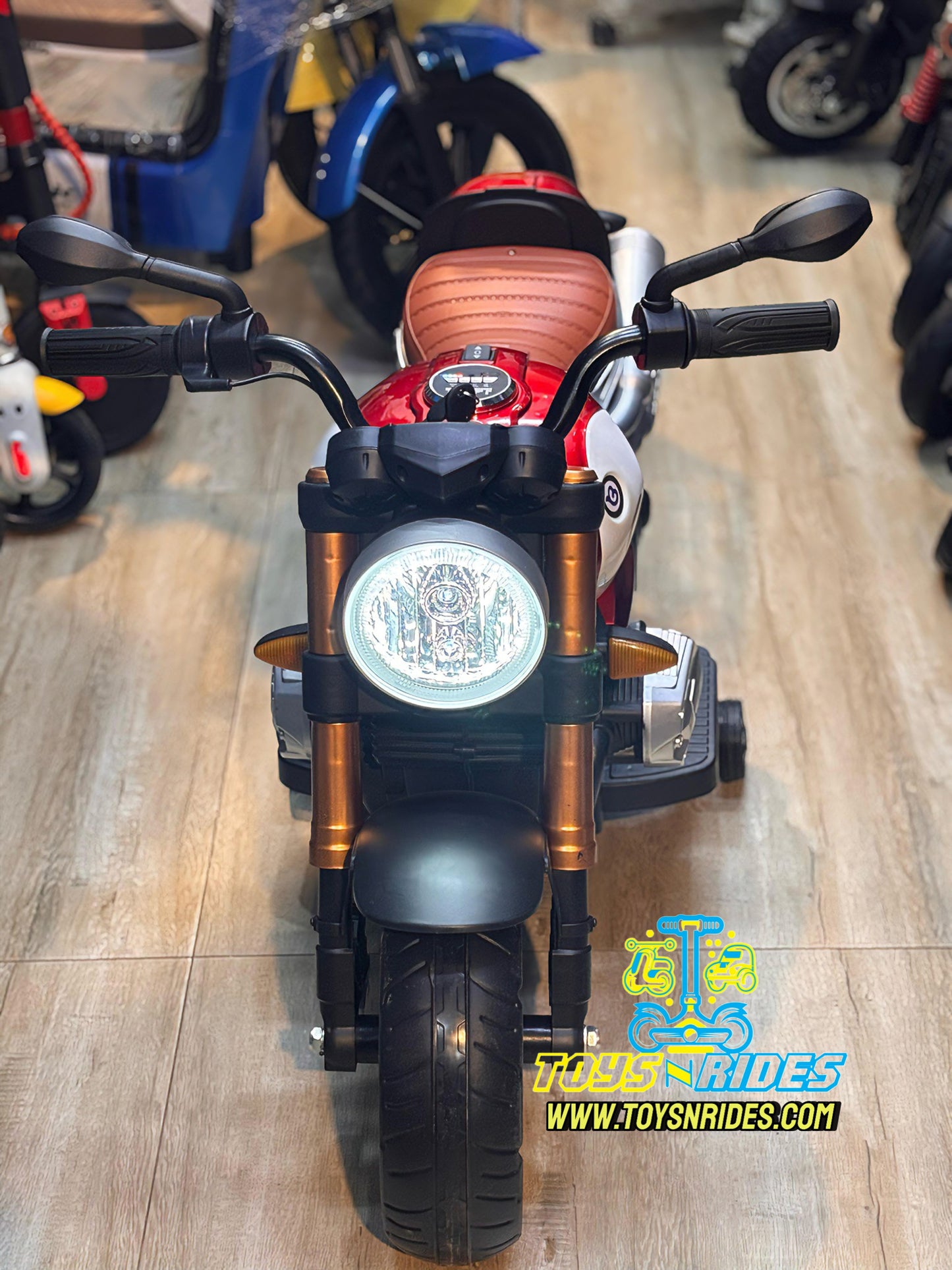 TOYSNRIDES red Harley-style kids electric bike with LED lights, for ages 2-7