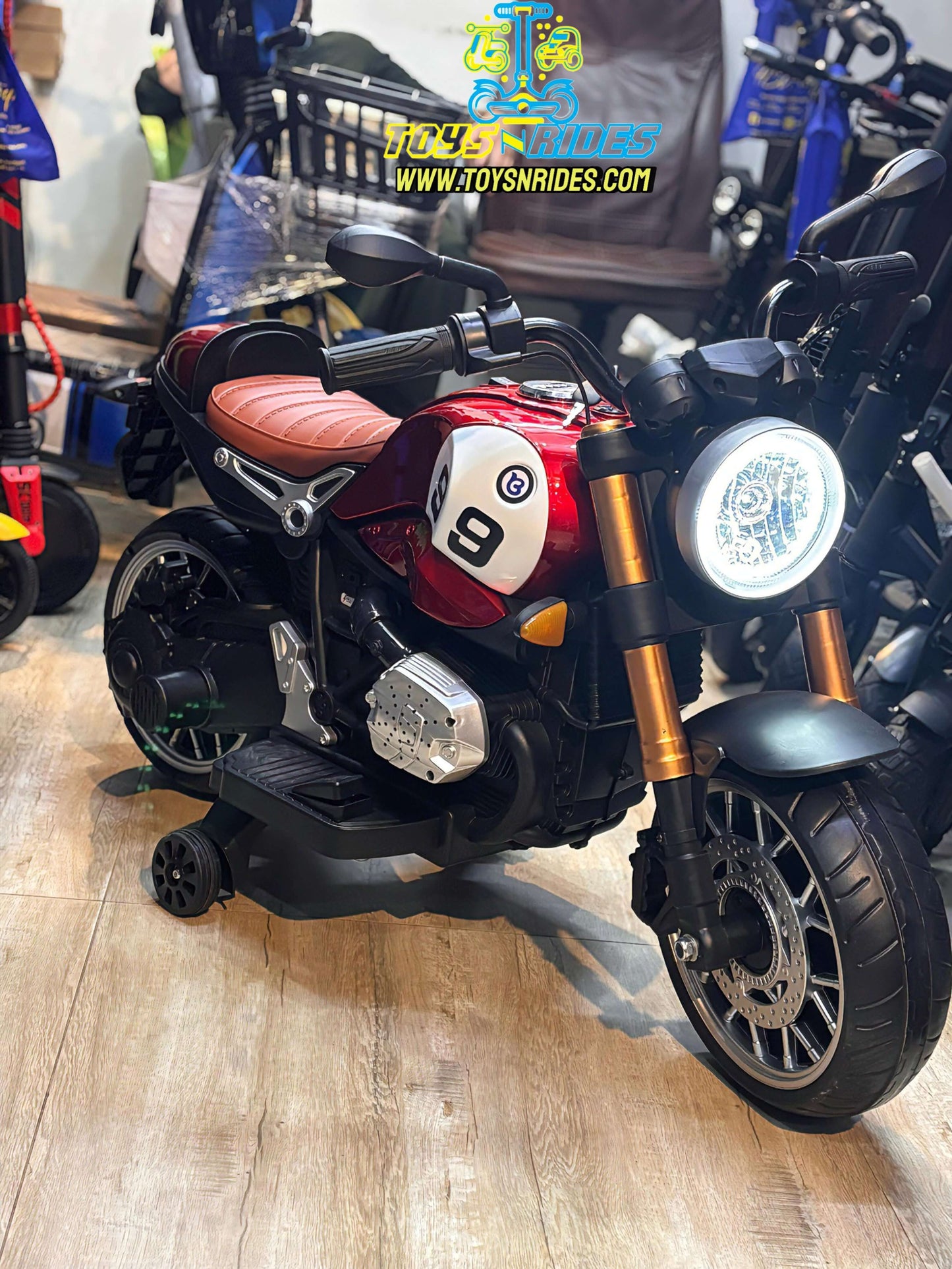 TOYSNRIDES red Harley-style kids electric bike with LED lights, for ages 2-7