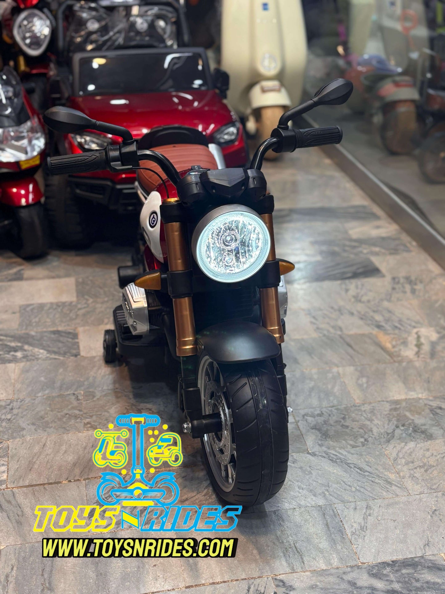 TOYSNRIDES red Harley-style kids electric bike with LED lights, for ages 2-7