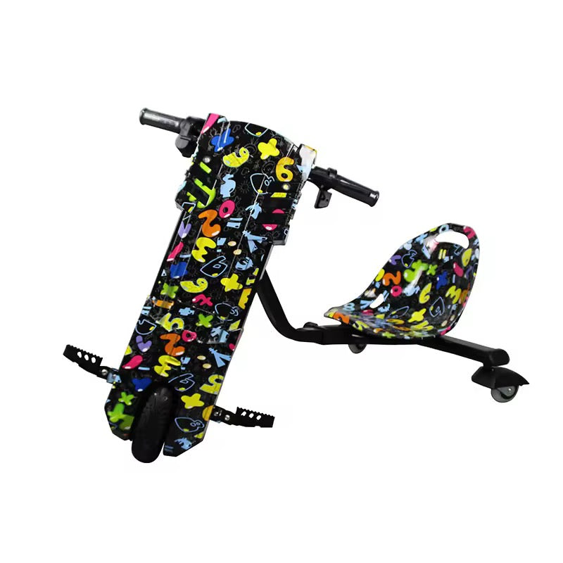 Kids 3-Wheel 360 Electric Drift Scooter by TOYSNRIDES with Bluetooth, LED wheel lights, shock absorbers, and adjustable length. Perfect for outdoor fun and drifting adventures!