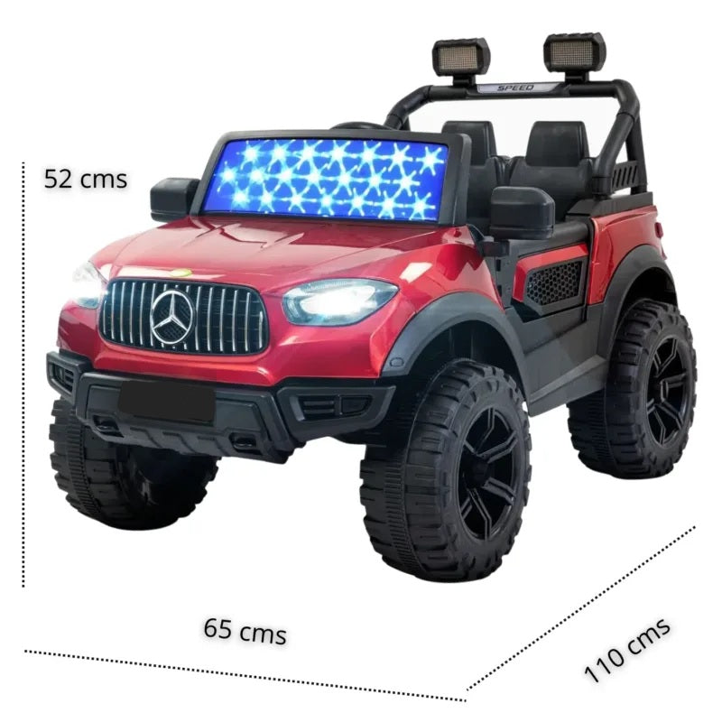Mercedes Kids Jeep with 2 motors, 12V battery, and 1-hour playtime.