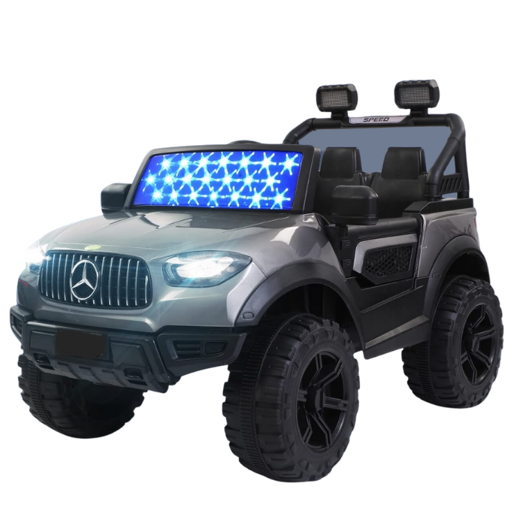 Kids battery car with metallic paint, leather seats, and safety belt.