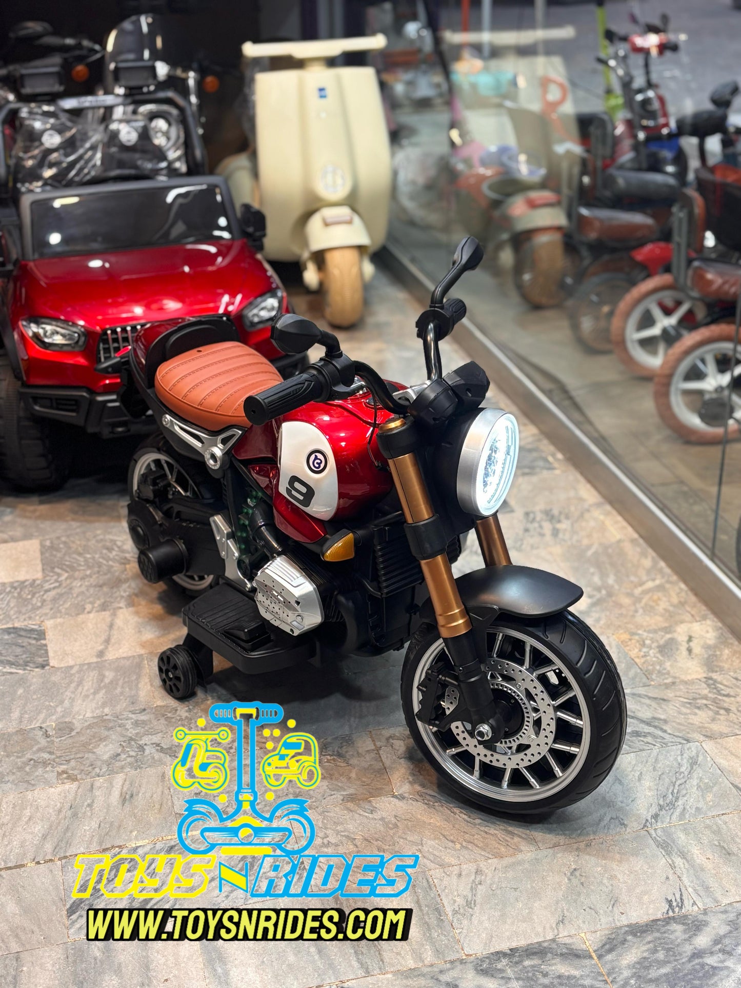 TOYSNRIDES red Harley-style kids electric bike with LED lights, for ages 2-7