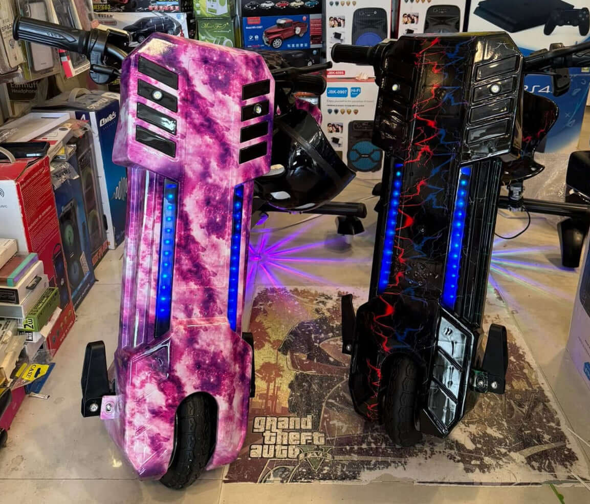 Kids 3-Wheel 360 Electric Drift Scooter by TOYSNRIDES with Bluetooth, LED wheel lights, shock absorbers, and adjustable length. Perfect for outdoor fun and drifting adventures!