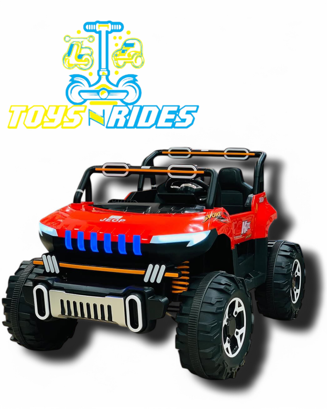 Durable kids' Jeep from TOYSNRIDES - 12V rechargeable battery-powered ride-on car with 2 speed modes, music, and sound effects for ages 3-15 years.
