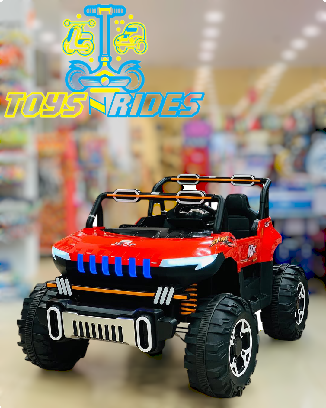 Battery-powered ride-on toy car for kids - TOYSNRIDES' 12V Kids Jeep with LED headlights, realistic engine sounds, and parental remote control for safe driving adventures.