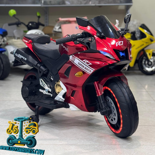 Red toy motorcycle with black accents on a gray floor, brand 'Super Moto' visible