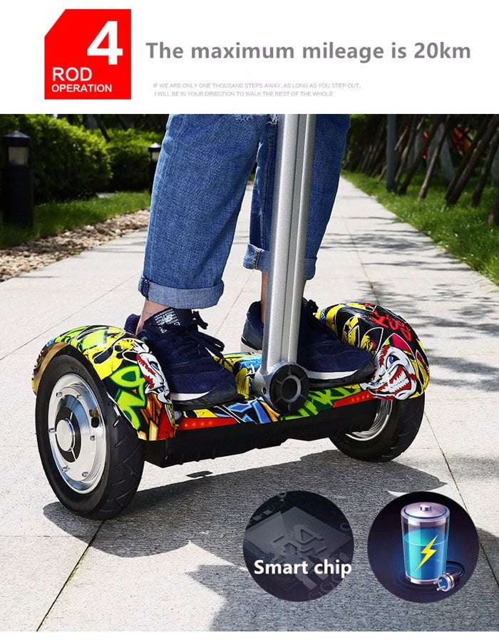 Person riding a colorful hoverboard on a sidewalk with text about maximum mileage and smart chip feature.