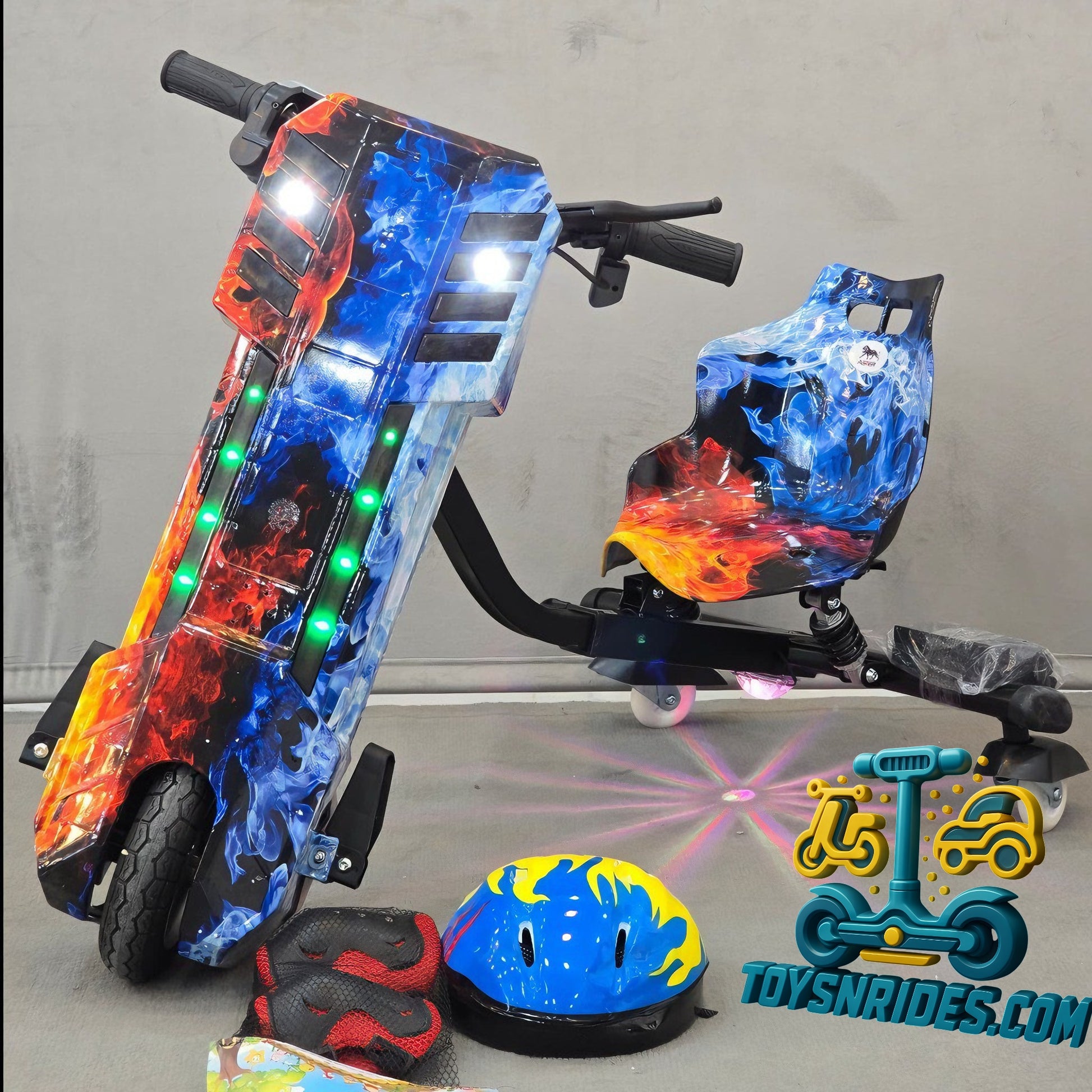 Close-up of the powerful 250W motor and large front wheel on the Electric Drifting Trike.