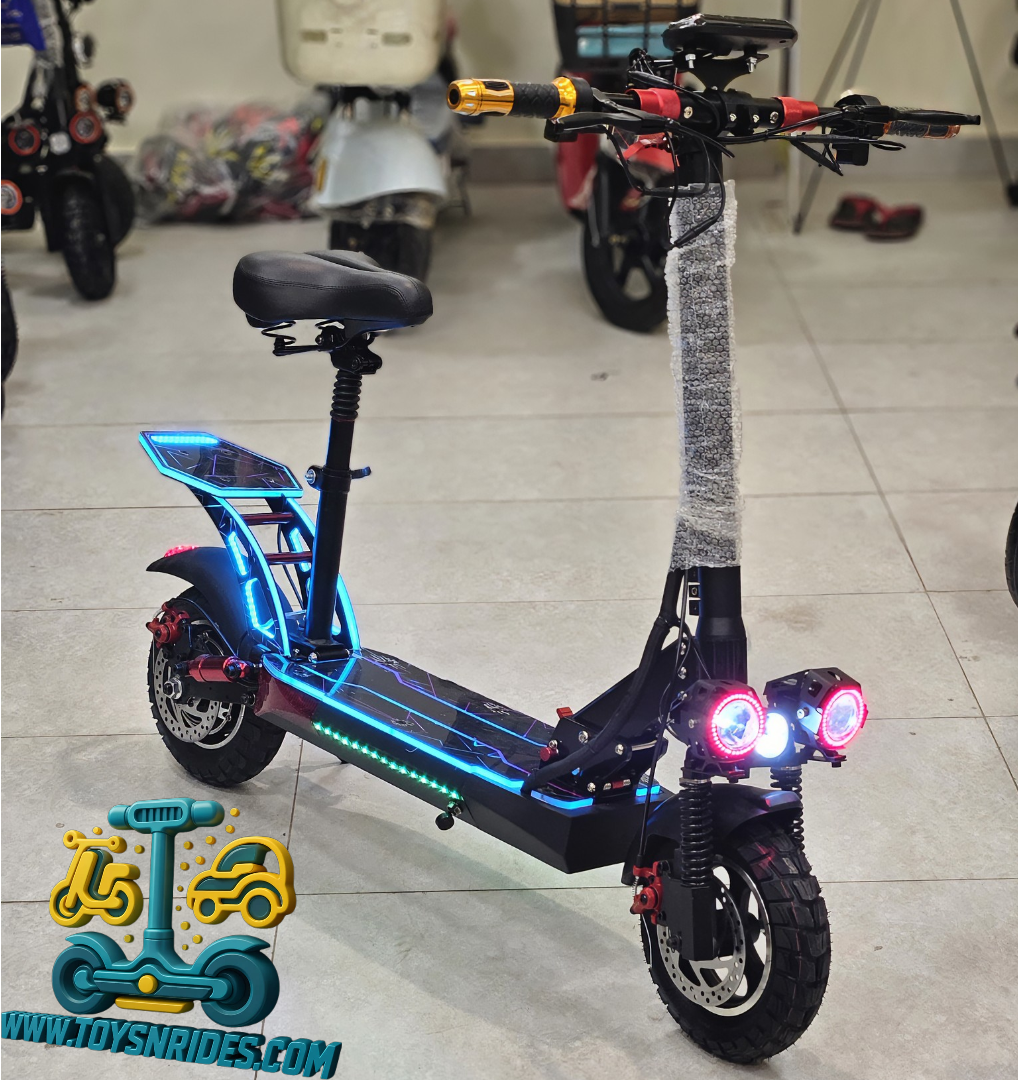 Electric scooter with glowing blue accents on a tiled floor, brand 'Toyshine' visible.