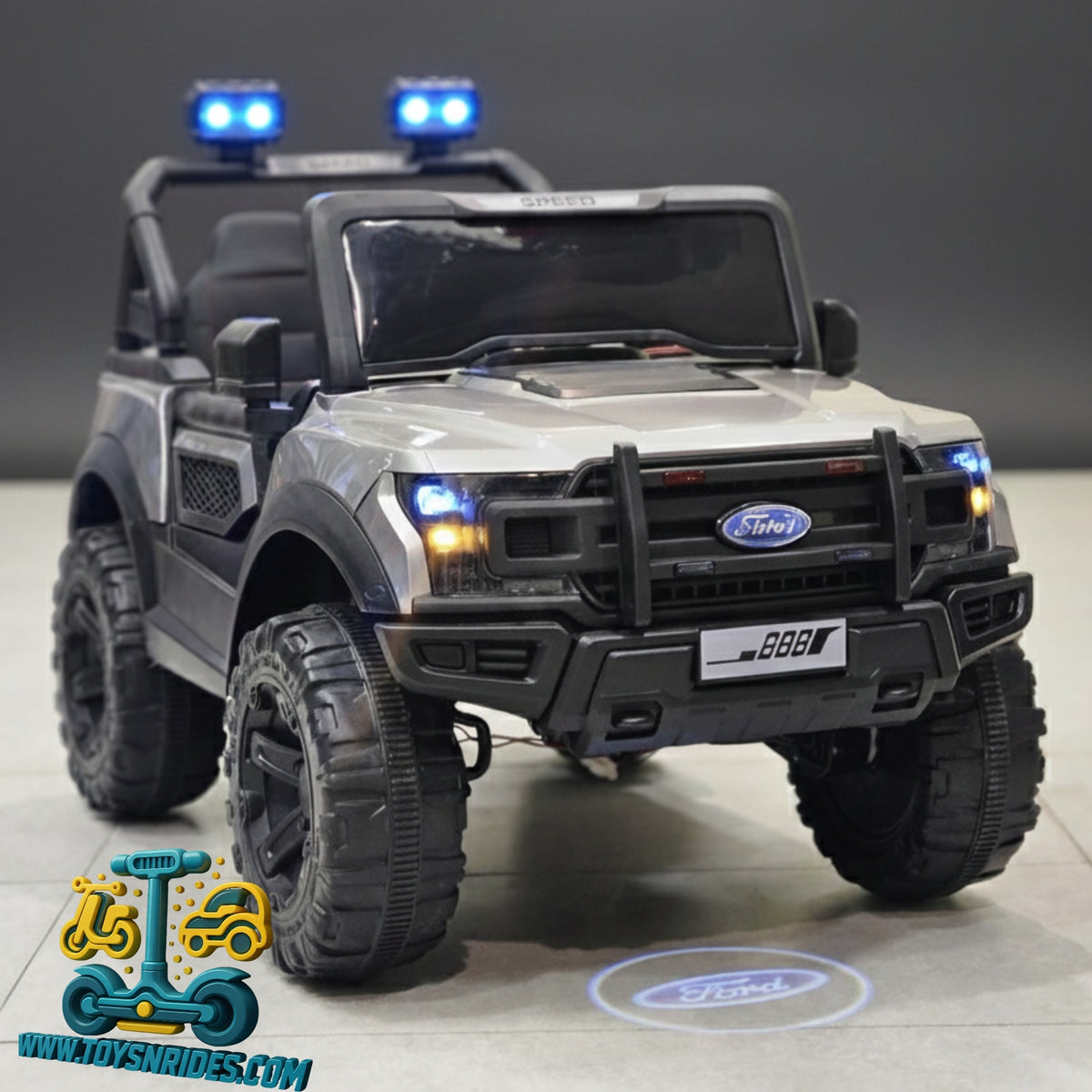 Ford Toy truck with police lights and Ford logo on a gray background
