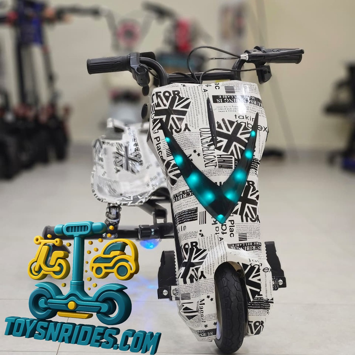 Children's electric scooter with a patterned design on a blurred background
