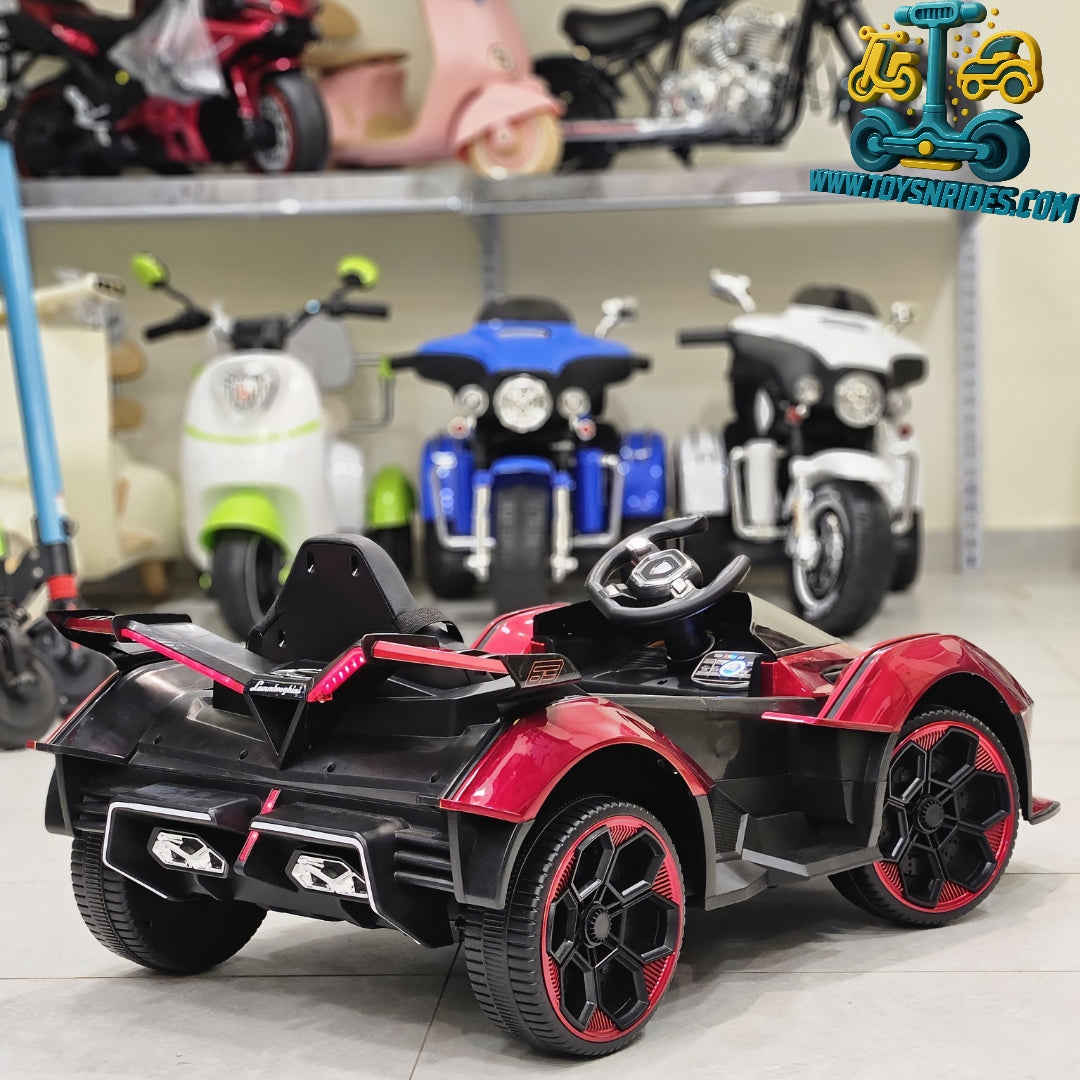 Toy motorcycle with red and black design in a store setting