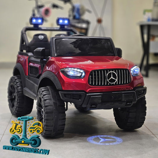 Red toy Mercedes-Benz truck with black wheels on a tiled floor, brand logo visible.
