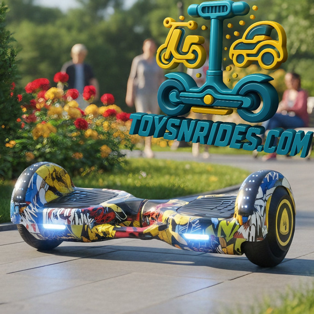 Colorful hoverboard with 'ToysNrides.com' branding in a park setting.