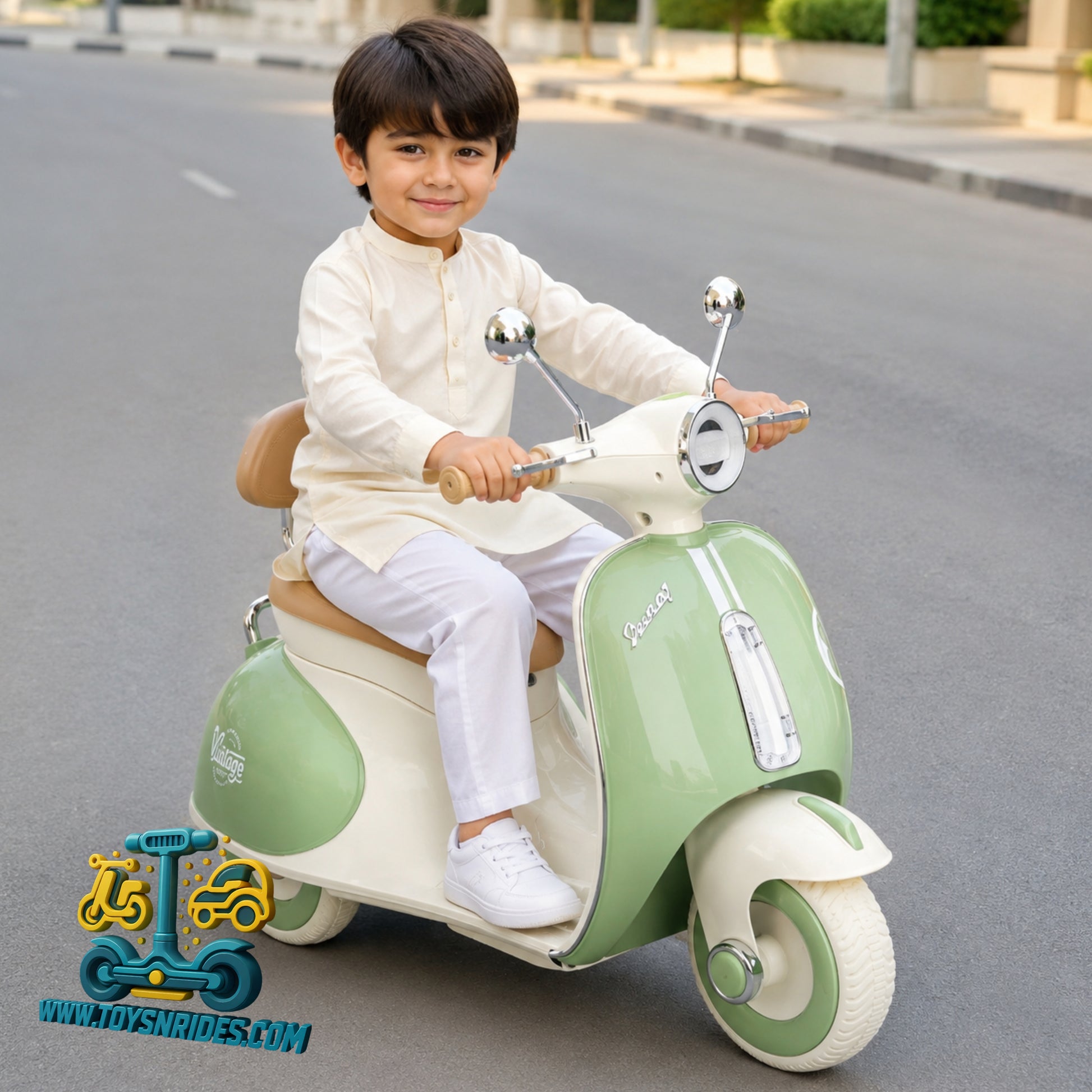 Child sitting on a toy scooter on a road, with 'Toysnrides.com logo.
