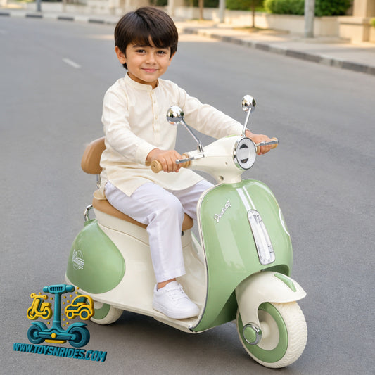 Child sitting on a toy scooter on a road, with 'Toysnrides.com logo.