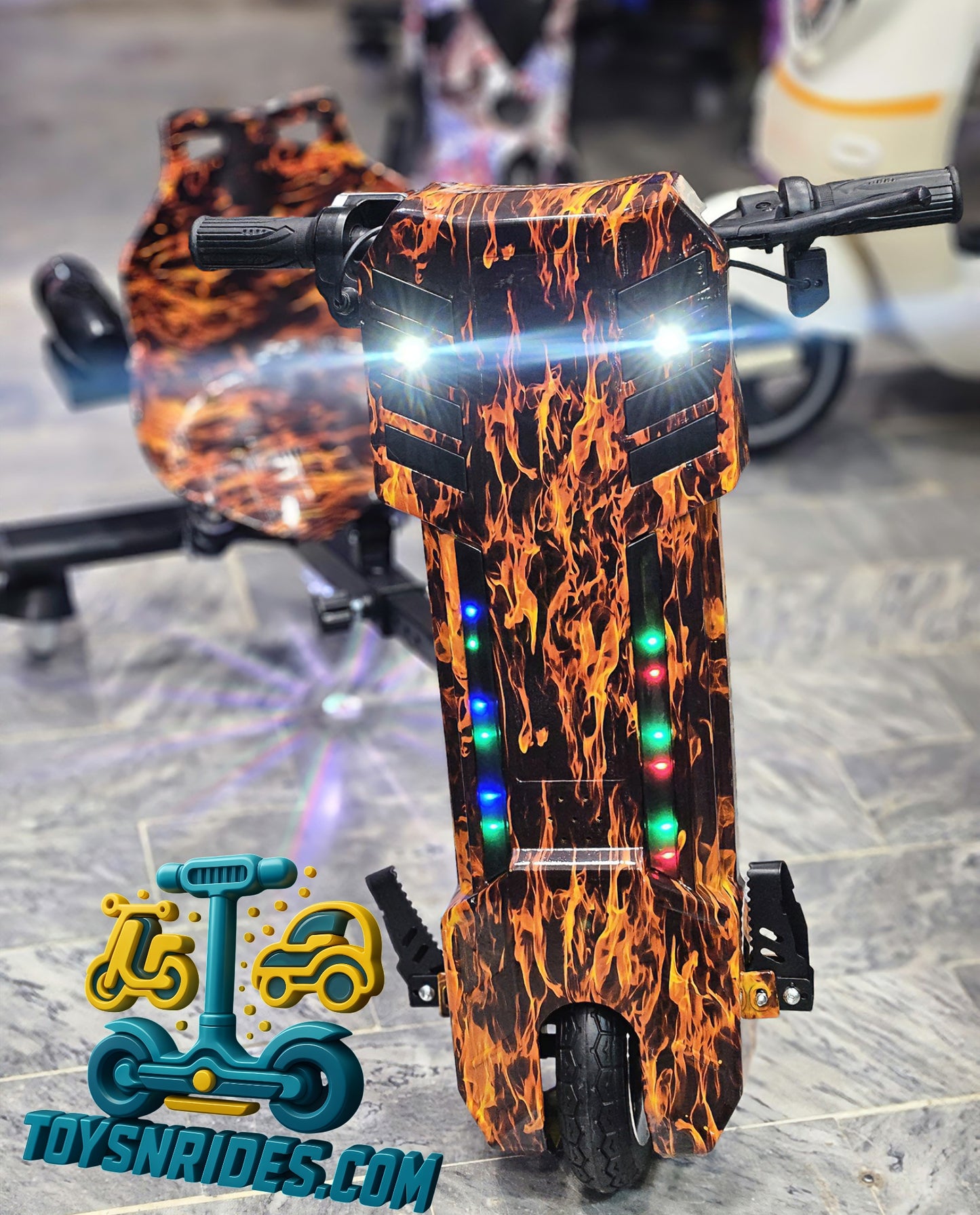 Child performing drifting stunts on the 3 Wheel Drifter Trike showing the new smoke feature.