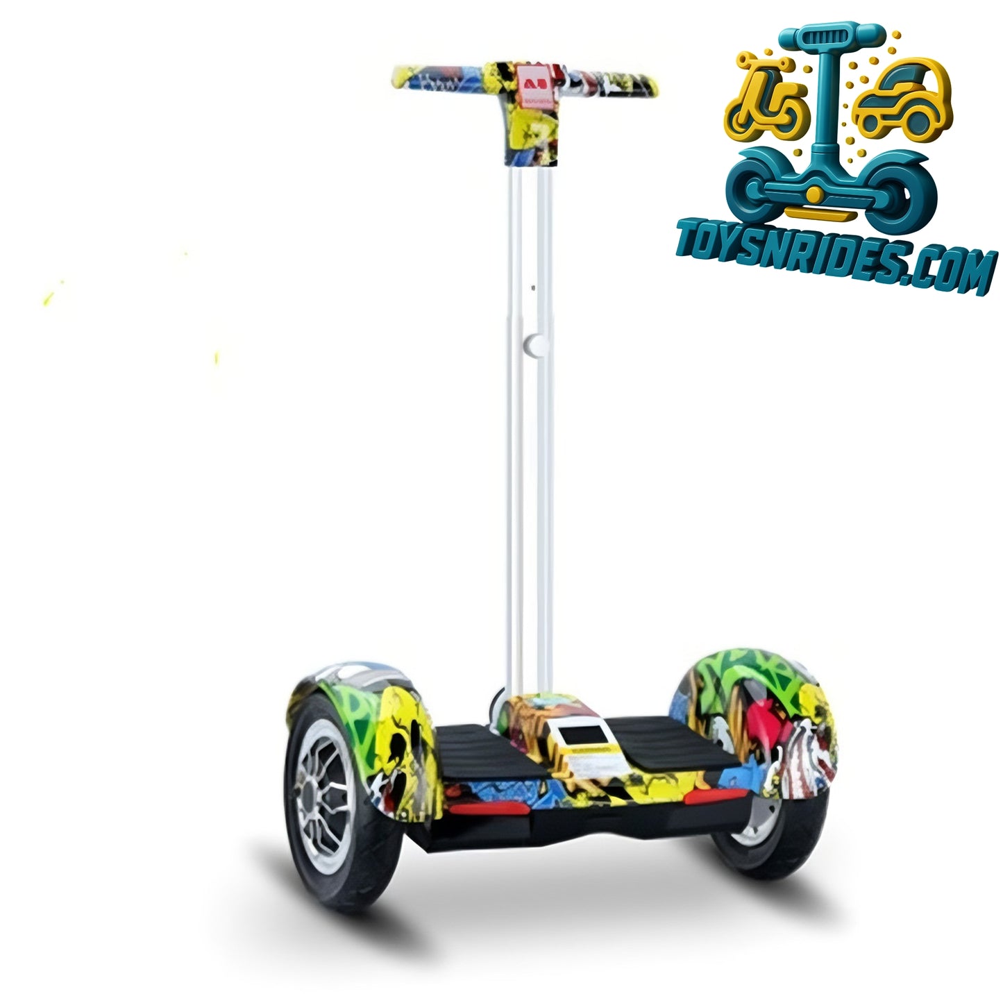 Colorful hoverboard with a white background and TOYSNRIDES.COM branding.