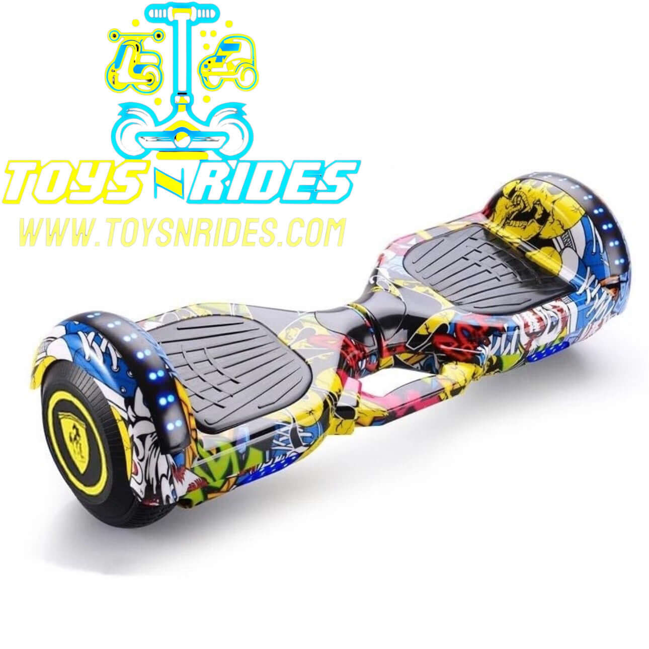 Colorful hoverboard with 'Toys N Rides' branding on a white background