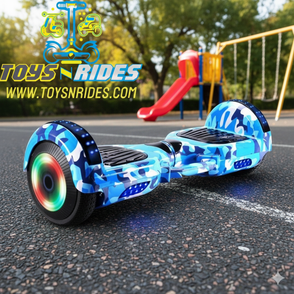 Colorful hoverboard on a road with a playground in the background, featuring the 'Toys N Rides' logo.