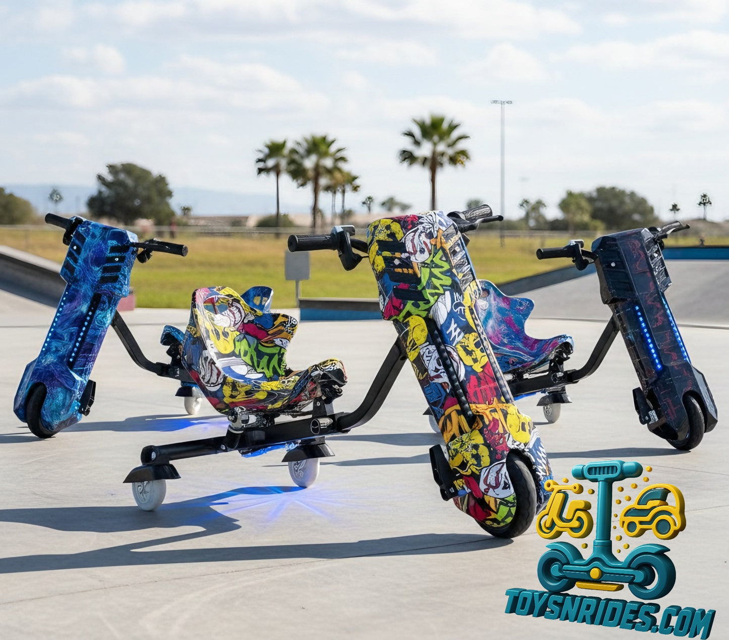 Colorful children's scooter with a seat on a paved area with palm trees in the background.