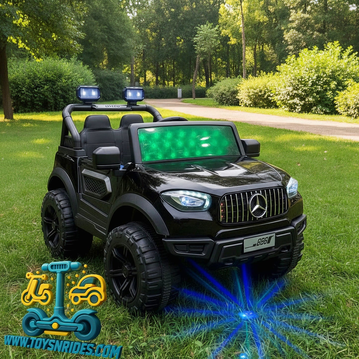Black toy Mercedes-Benz truck with green lights on grass