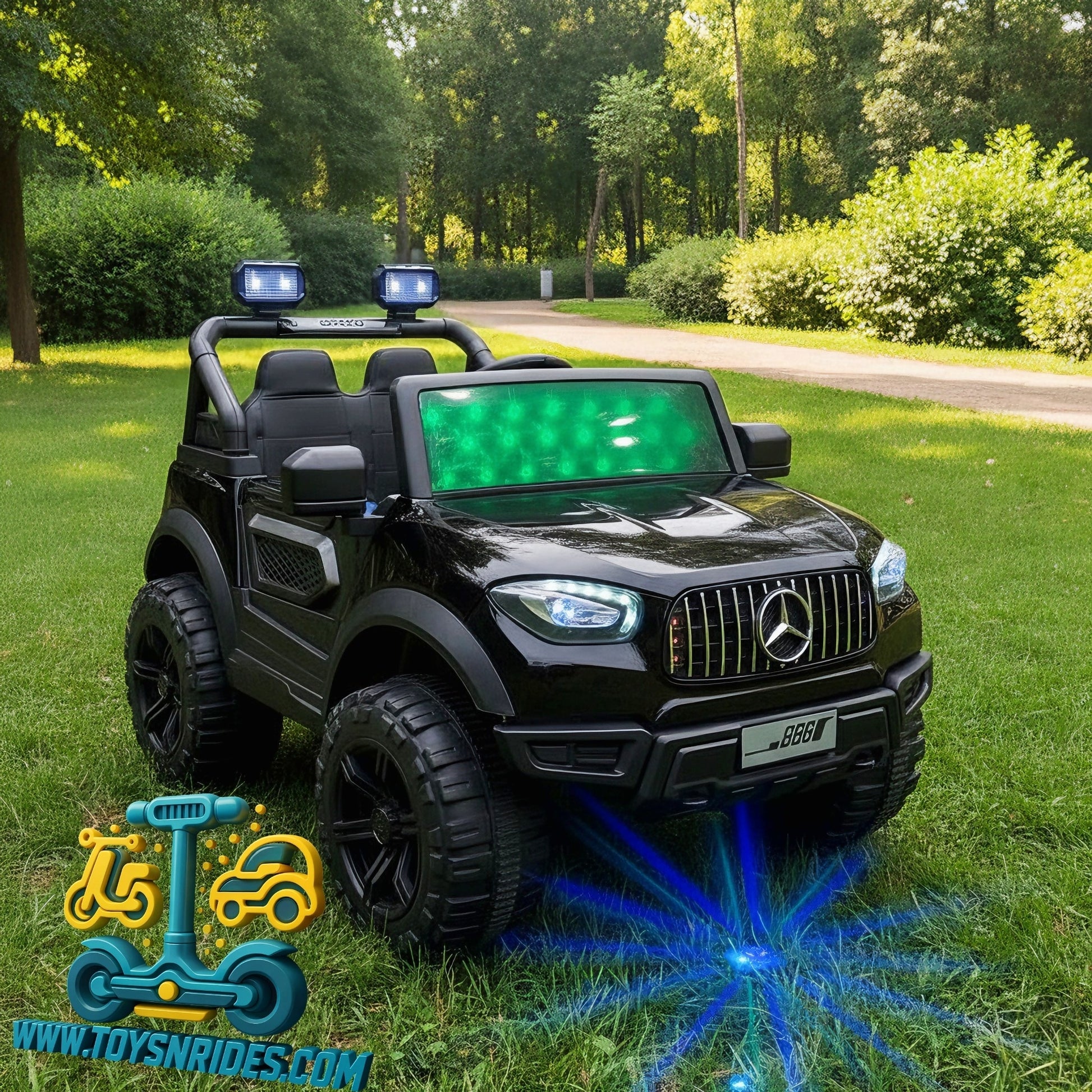 Black toy Mercedes-Benz truck with green lights on grass