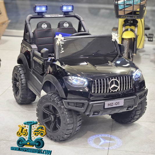 Black toy Mercedes-Benz SUV with police lights and license plate on a tiled floor.