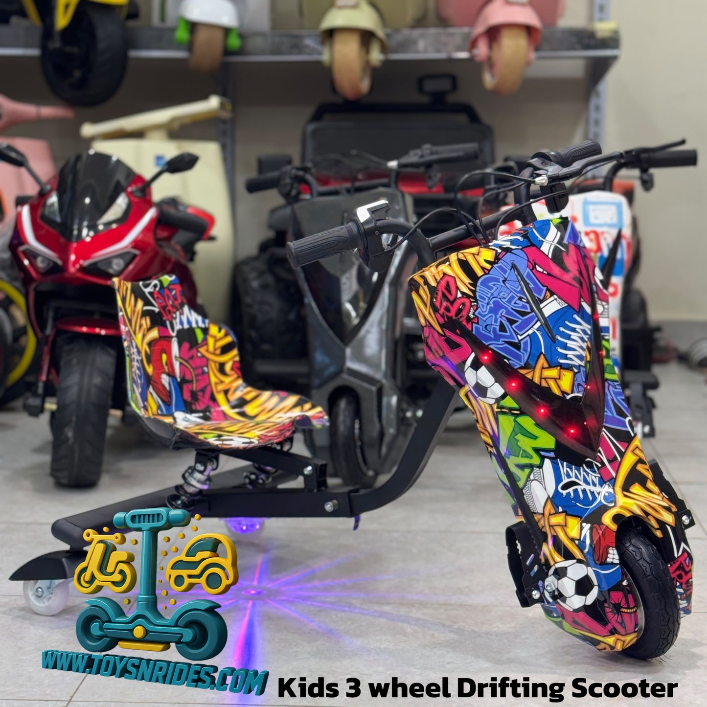 Kids 3 Wheel Electric Drift Scooter 36V Lithium Battery – Stunt Drift Bike with LED Lights, Bluetooth & Adjustable Size