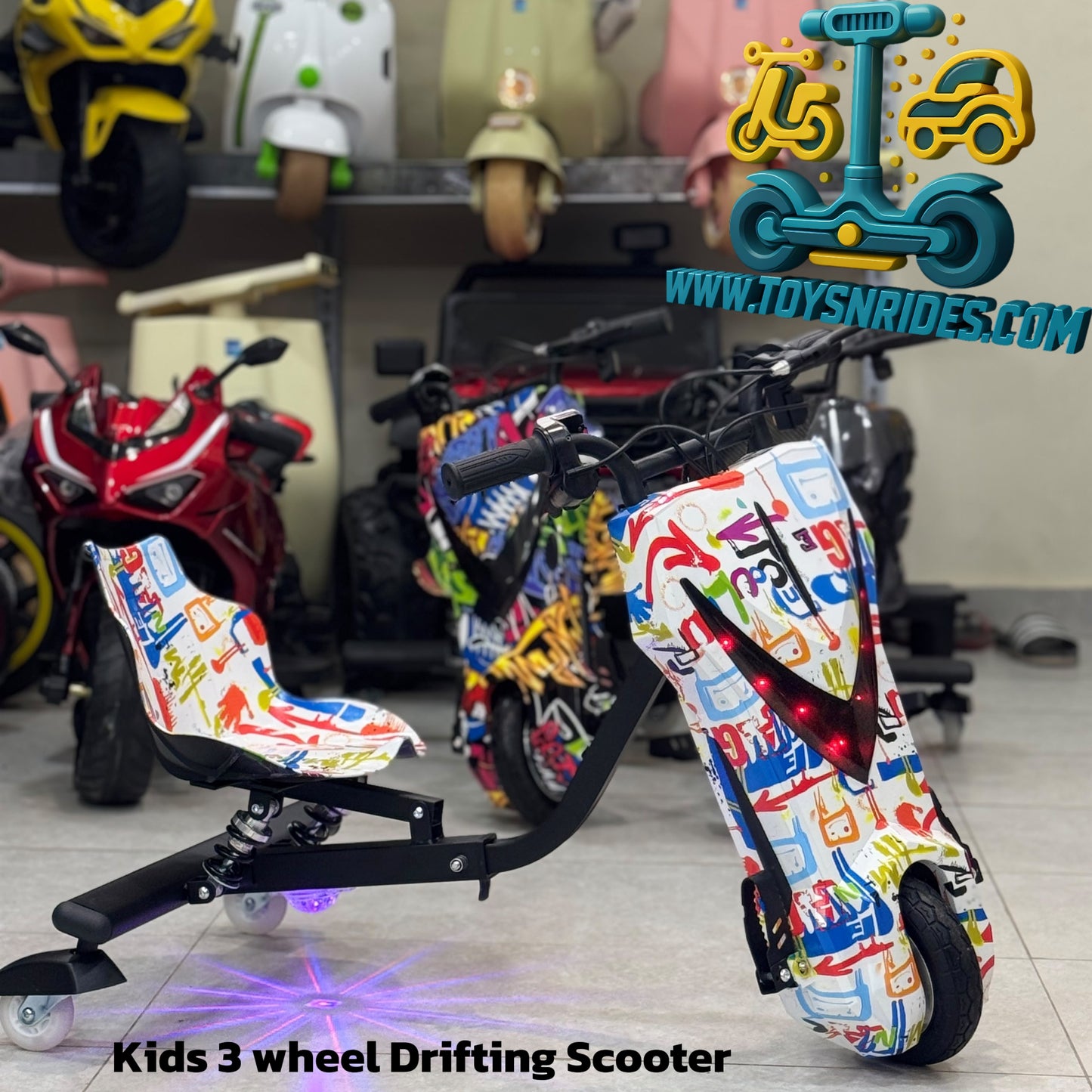 Kids 3 Wheel Electric Drift Scooter 36V Lithium Battery – Stunt Drift Bike with LED Lights, Bluetooth & Adjustable Size