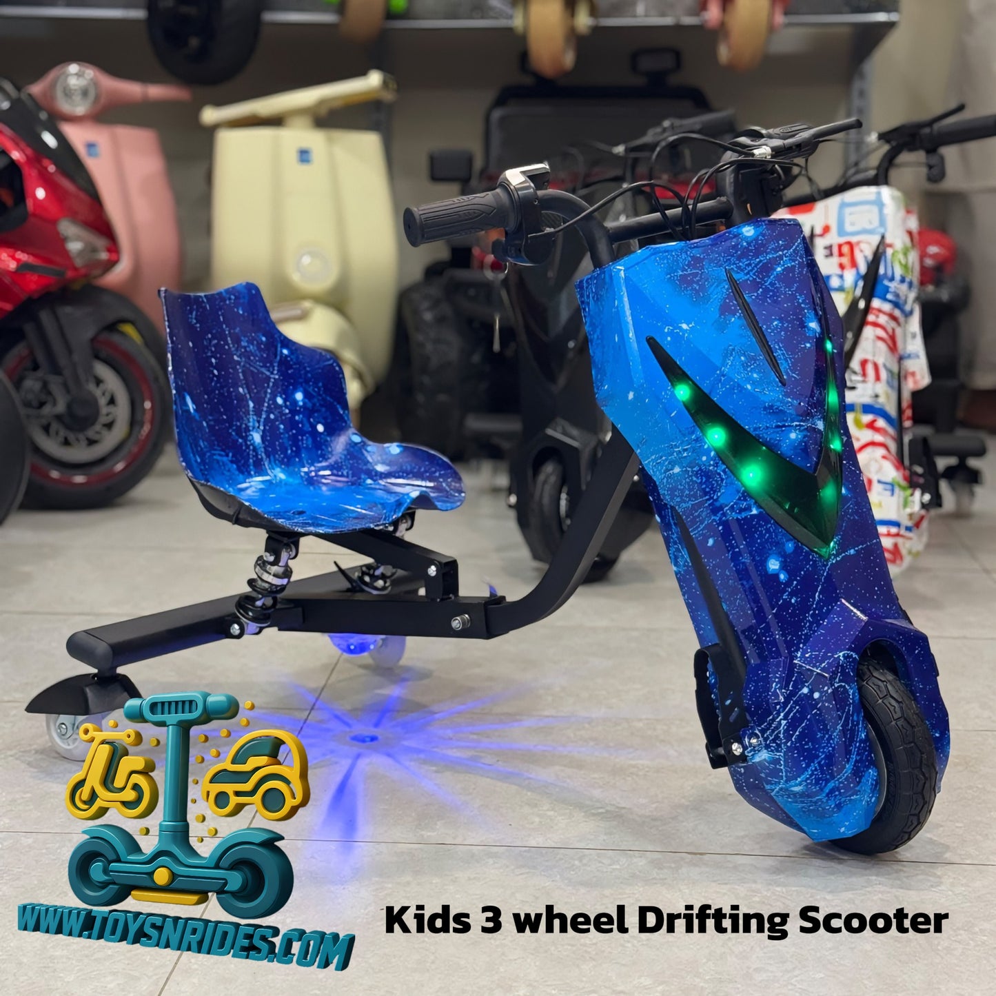 Kids 3 Wheel Electric Drift Scooter 36V Lithium Battery – Stunt Drift Bike with LED Lights, Bluetooth & Adjustable Size