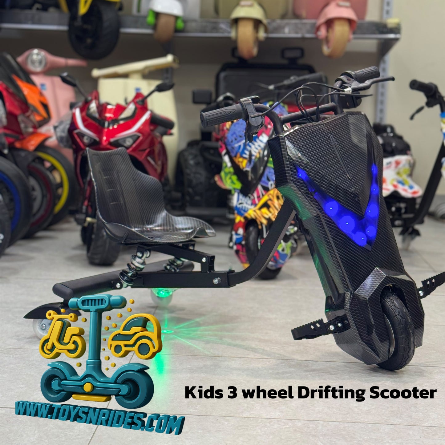 Kids 3 Wheel Electric Drift Scooter 36V Lithium Battery – Stunt Drift Bike with LED Lights, Bluetooth & Adjustable Size