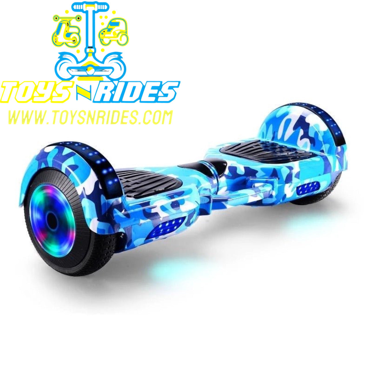 Blue hoverboard with colorful wheels on a white background, featuring the 'Toys N Rides' logo.