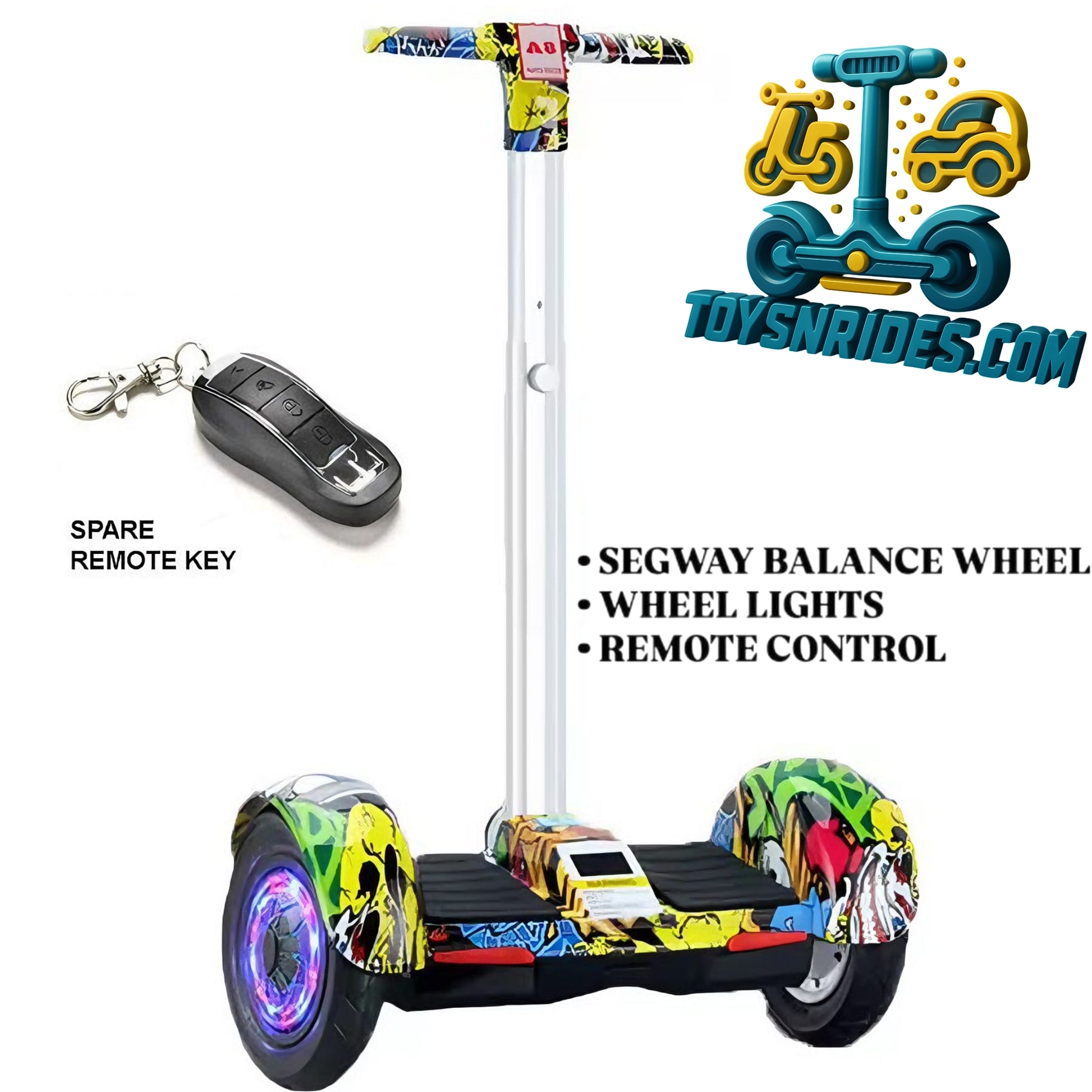 Colorful Segway balance wheel with remote control and keychain on a white background, featuring Toysnrides.com logo.