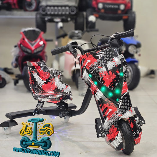 Children's toy scooter with red and black design in a showroom setting